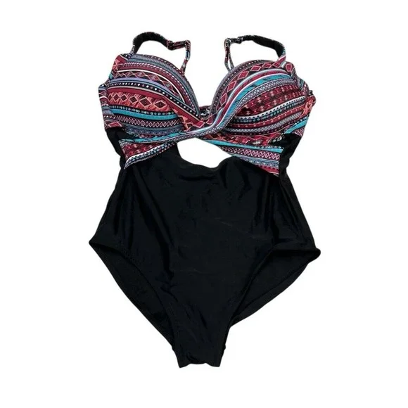 Swimsuits For All Black Aztec Print Cut Out Strappy One Piece Size 14 Vacation - Picture 1 of 7